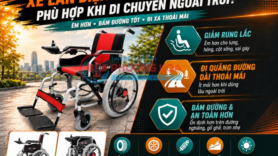 Xe lăn điện bánh to lốp hơi có ưu điểm gì khi di chuyển ngoài trời?